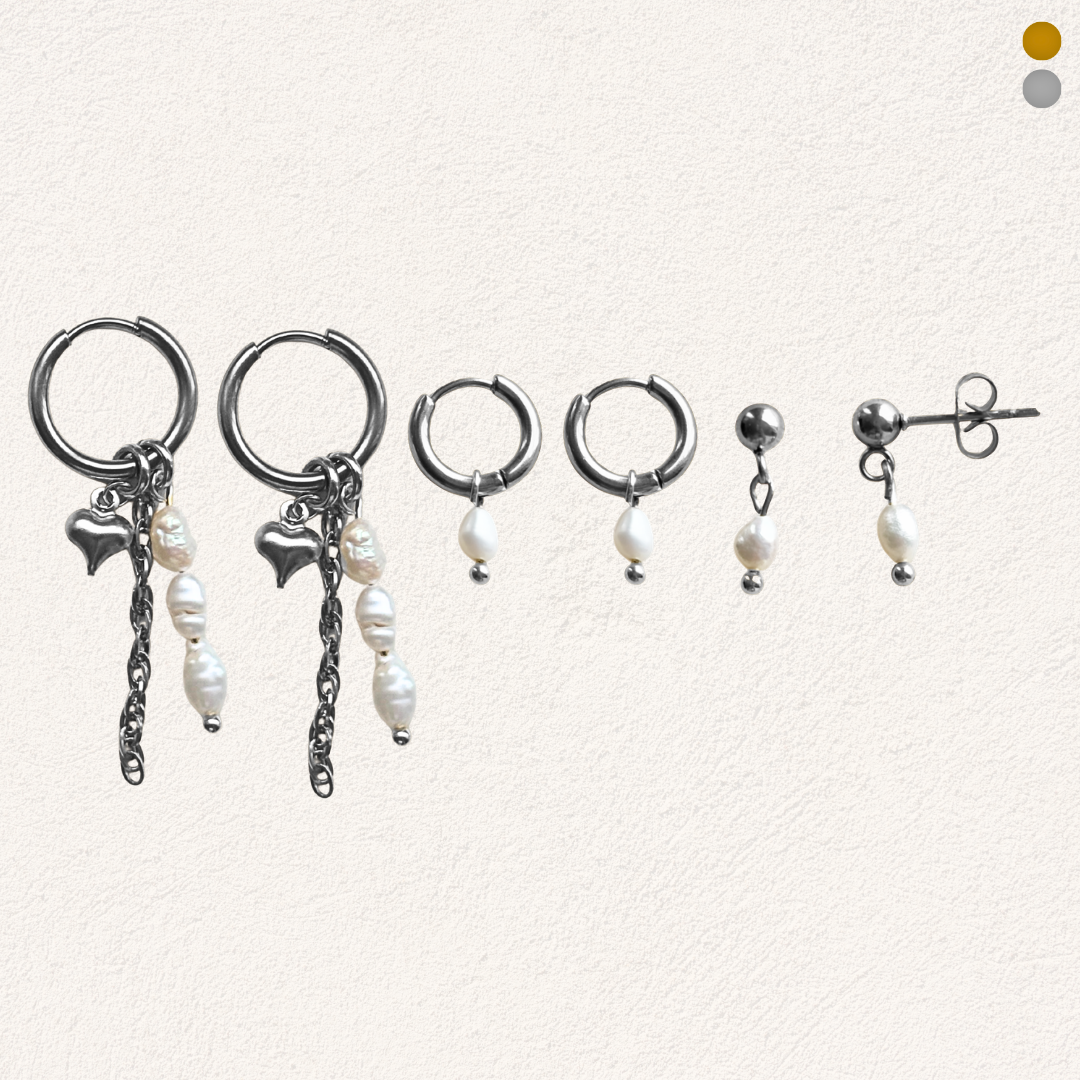 earparty set zoetwaterparel hartje oorbellen productfoto zilver