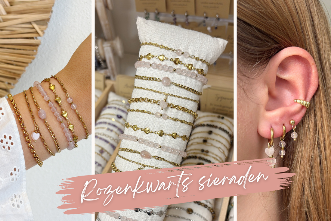 banner met verschillende sfeer foto's van onze rozenkwarts sieraden
