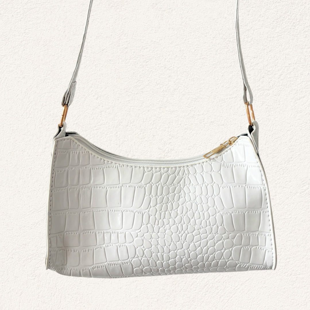 witte glimmende schoudertas met print