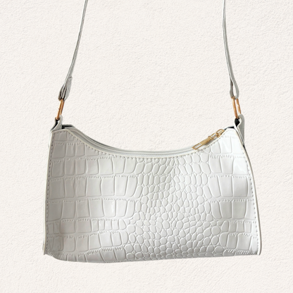 white shiny shoulder bag with print