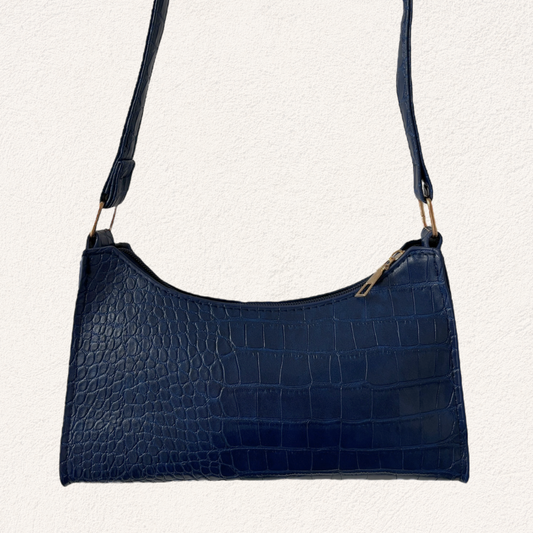 donkerblauwe glimmende schoudertas met print