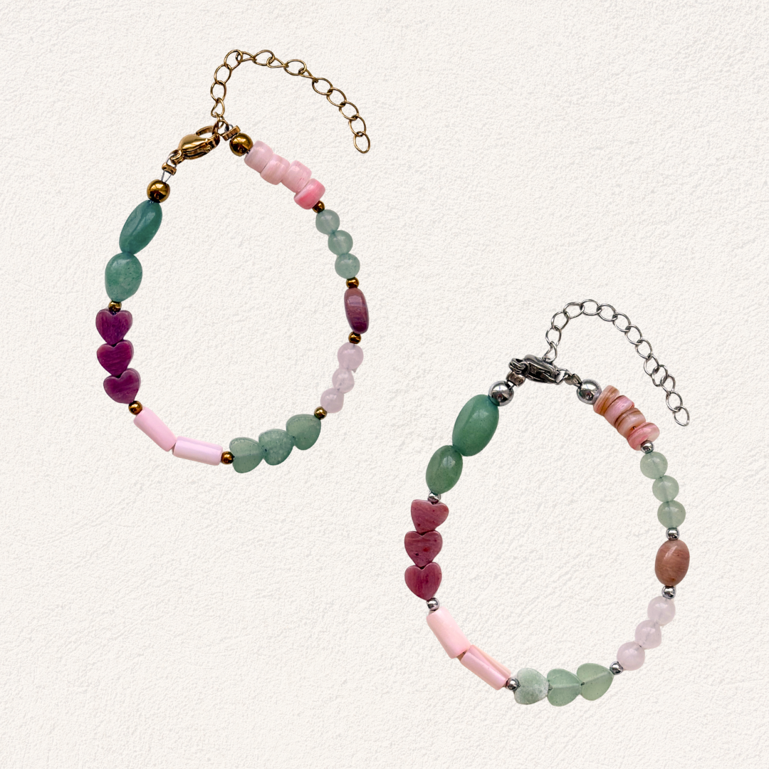Natural stone beaded bracelet with shell, aventurine, rose quartz & rhodonite