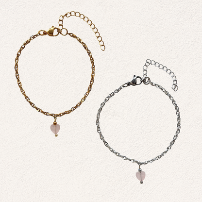 rose quartz with heart charm bracelet