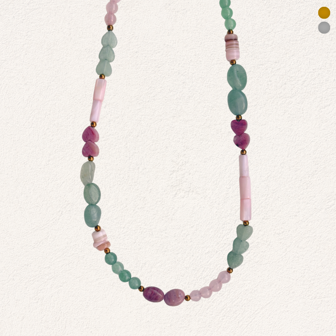 natural stone beaded necklace with shell, aventurine, rose quartz & rhodonite