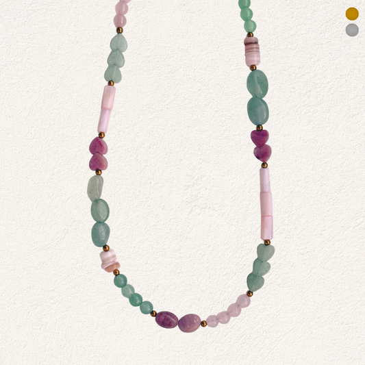 natuursteen kralenketting met schelp, aventurijn, rozenkwarts & rhodoniet