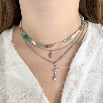 natural stone beaded necklace with shell, aventurine, rose quartz & rhodonite