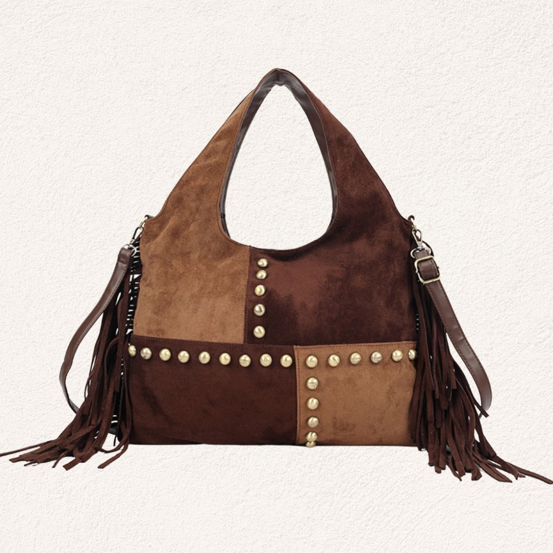 bruine boho schoudertas met franjes en studs