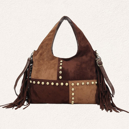 bruine boho schoudertas met franjes en studs