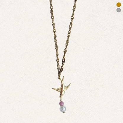 Swallow necklace with pearl and natural stone