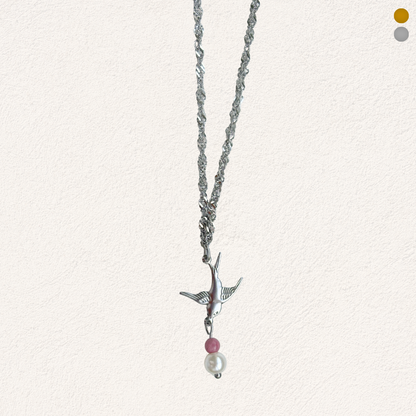 Swallow necklace with pearl and natural stone