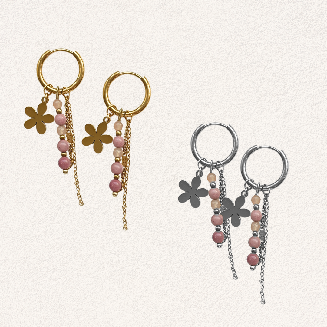 oorbellen met rhodoniet en bloem bedel