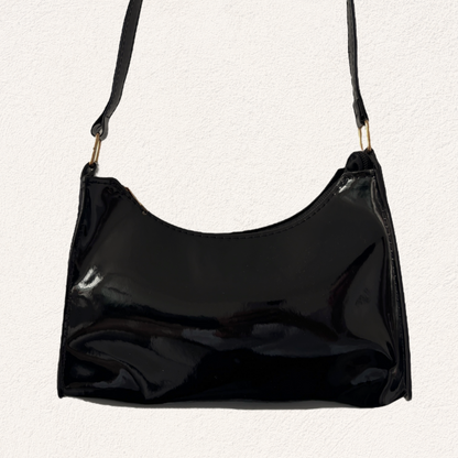 black shiny shoulder bag