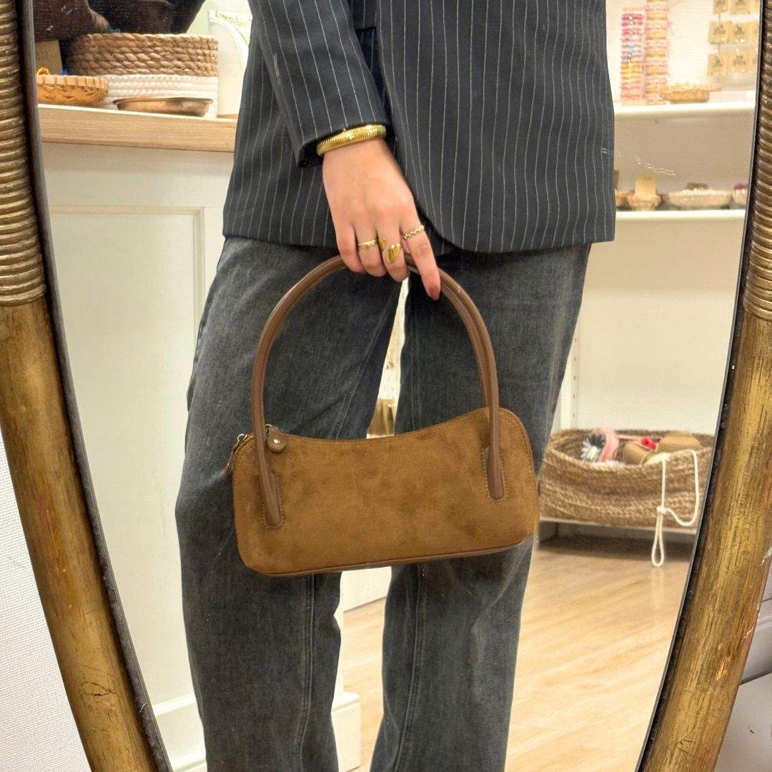 camel baguette schoudertas kunstsuède