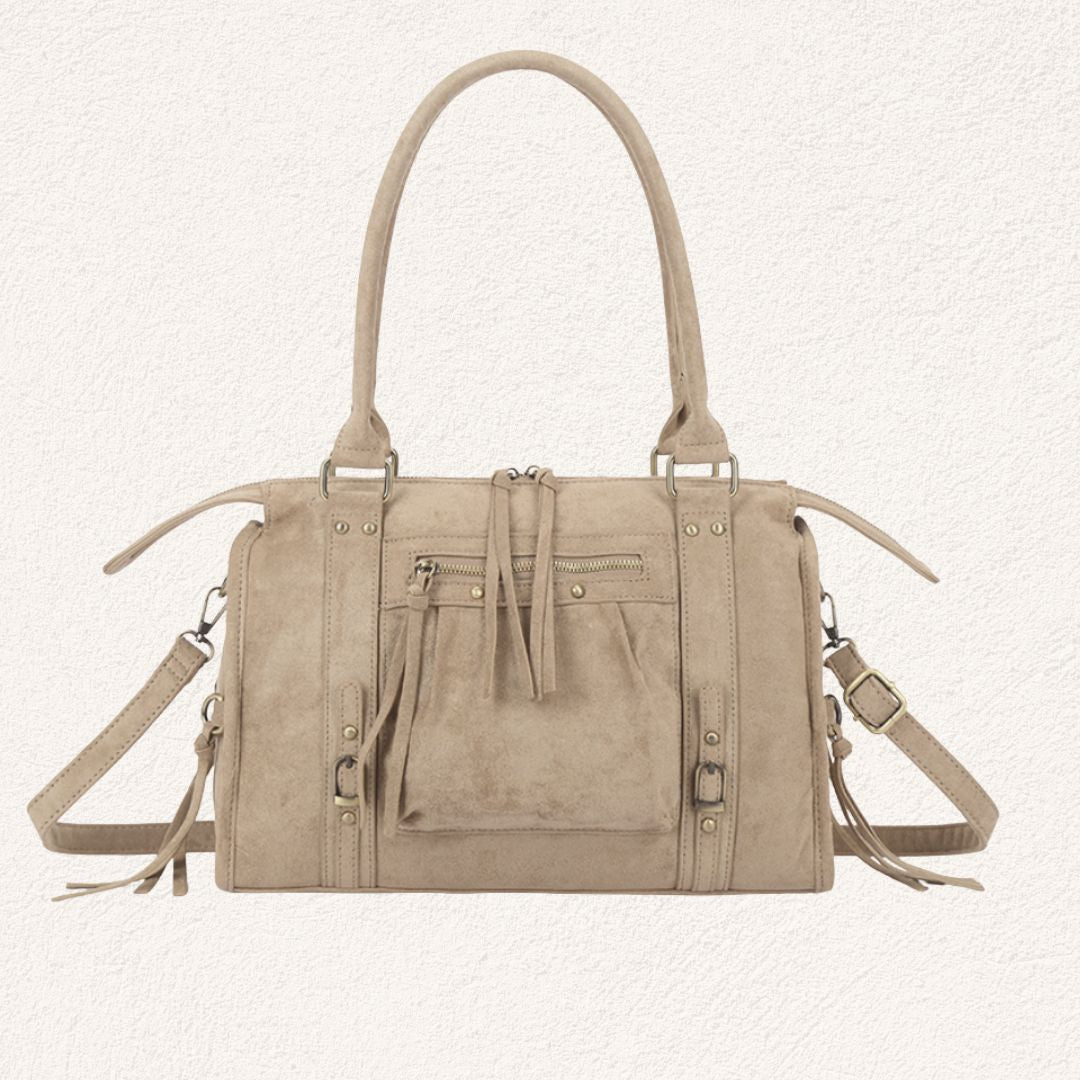 beige suède look handtas met riemdetails
