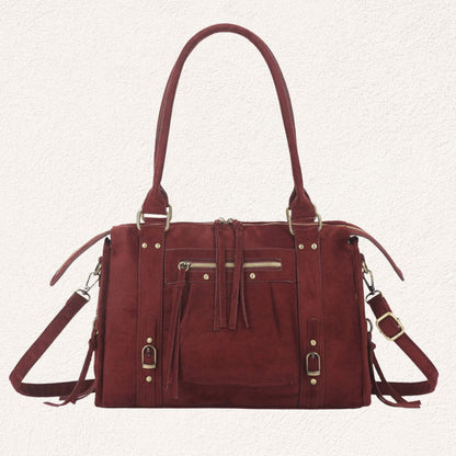 bordeauxrode suède look handtas met riemdetails