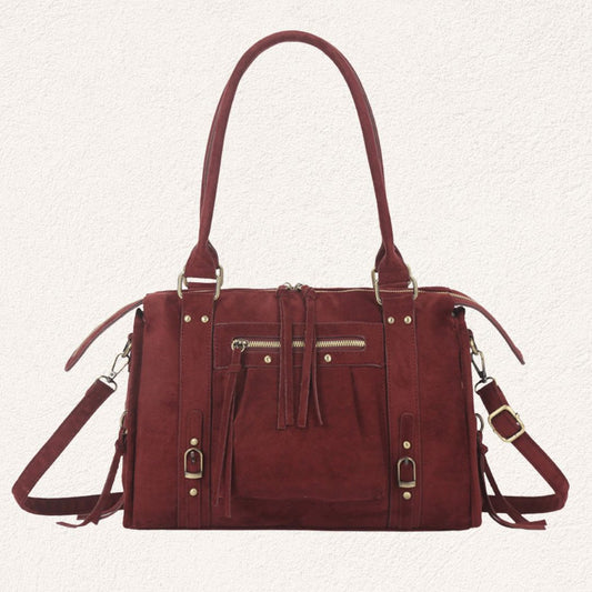 bordeauxrode suède look handtas met riemdetails