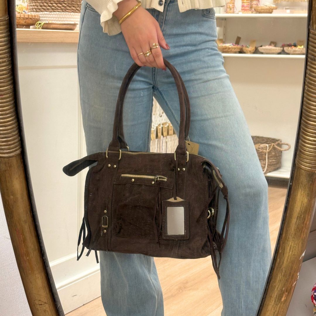 beige suède look handtas met riemdetails