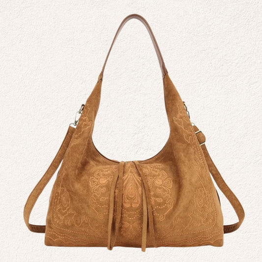 camelbruine boho schoudertas in suède look met borduursel