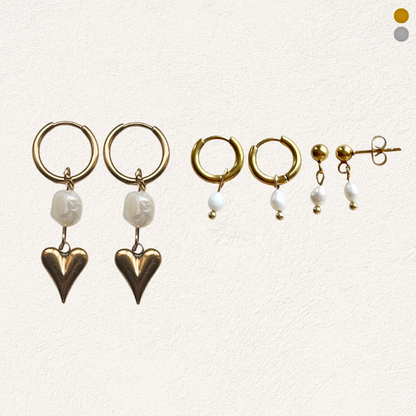 pearl crush oorbellen set, earparty met zoetwaterparels voor 3 gaatjes