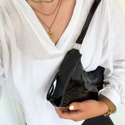 black shiny shoulder bag
