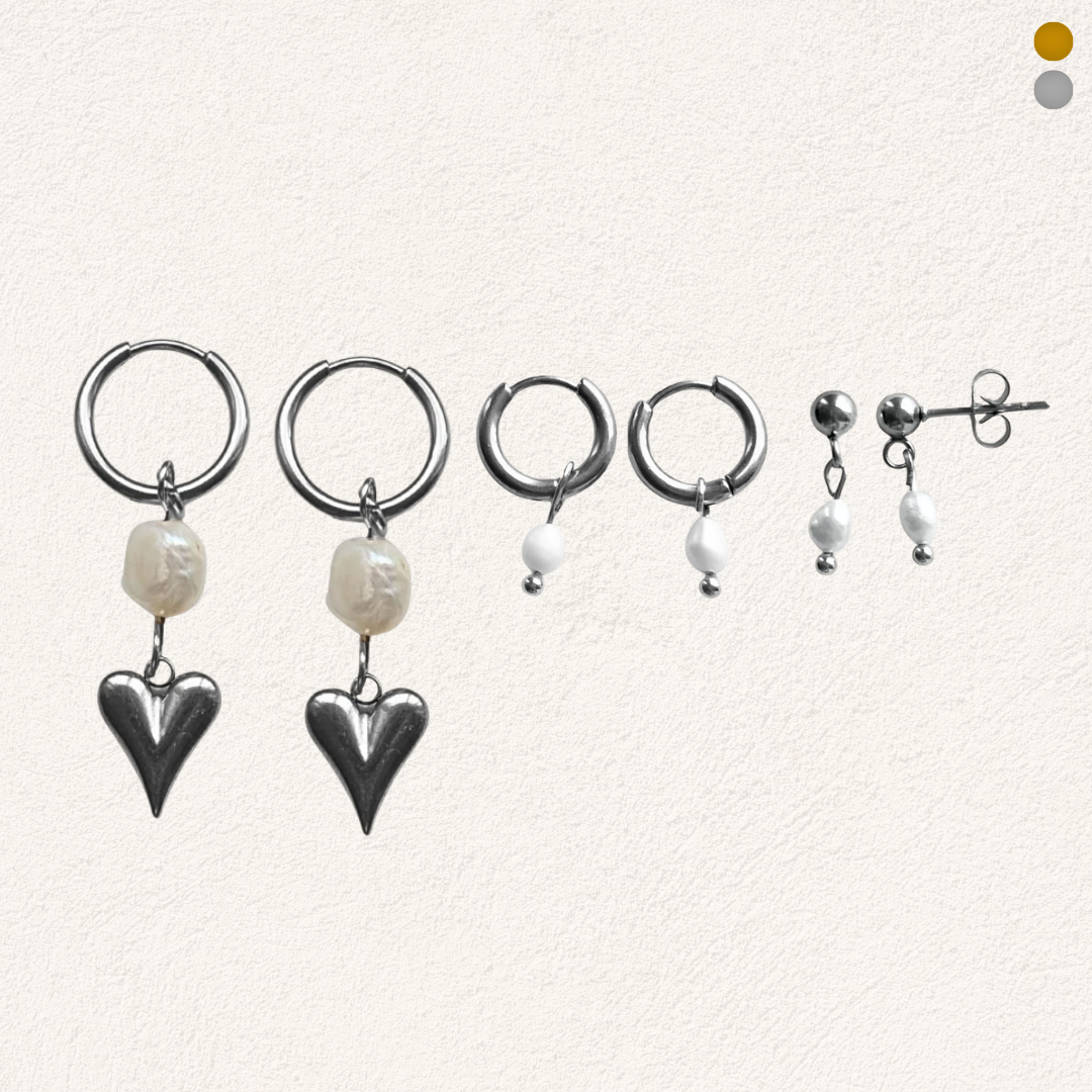 pearl crush oorbellen set, earparty met zoetwaterparels voor 3 gaatjes