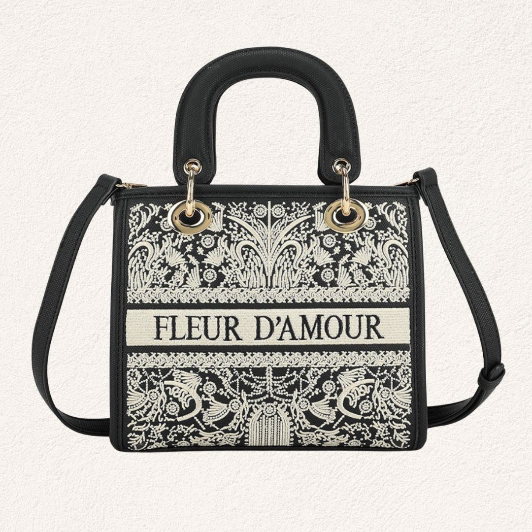 zwarte handtas met bloemmotief, fleur d'amour