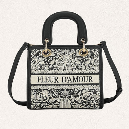 zwarte handtas met bloemmotief, fleur d'amour