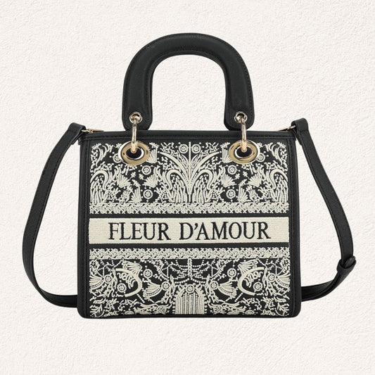 zwarte handtas met bloemmotief, fleur d'amour