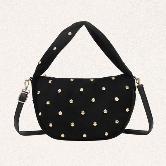 zwarte suède look schoudertas met gouden studs