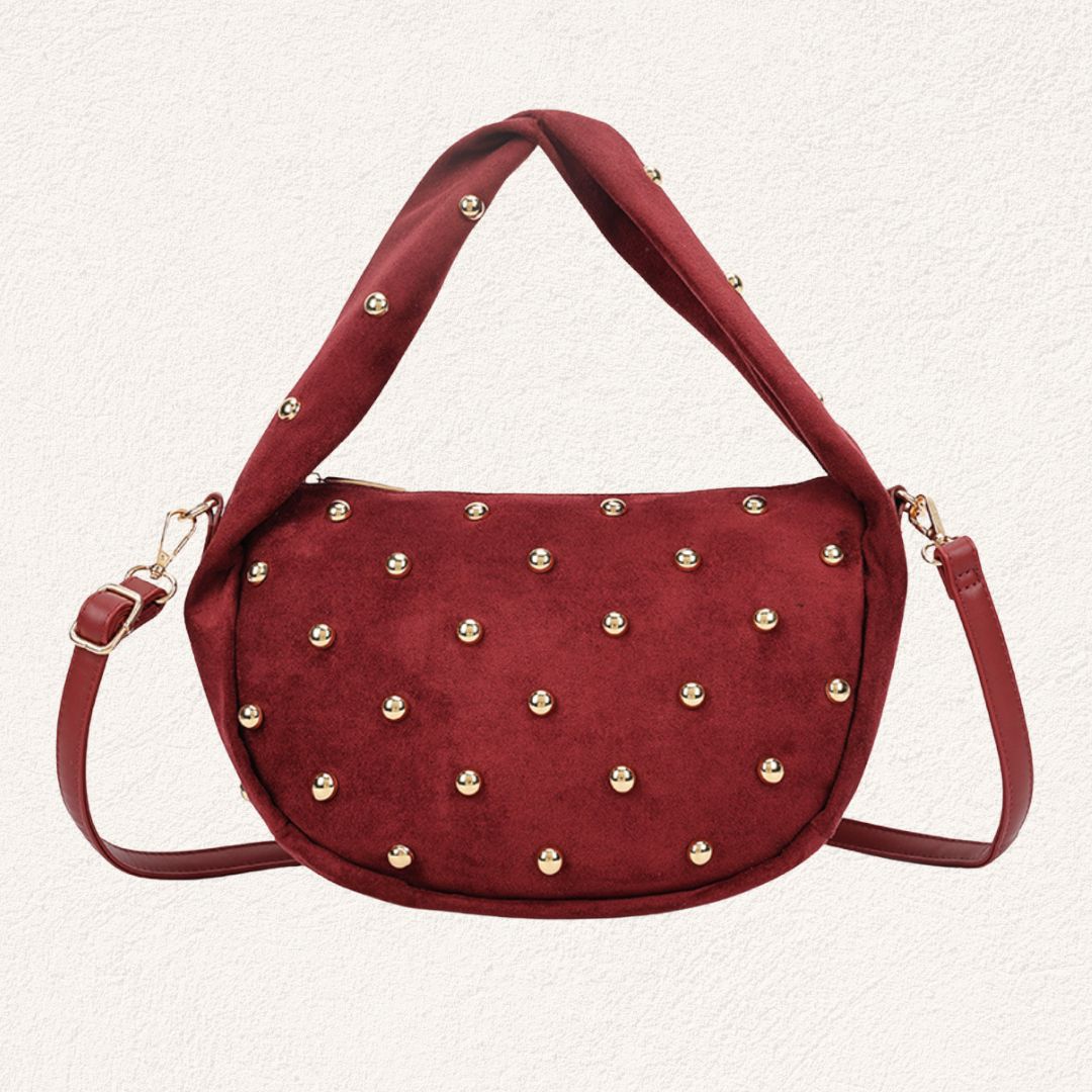 bordeauxrode suède look schoudertas met gouden studs