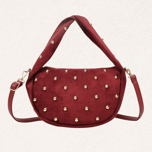 bordeauxrode suède look schoudertas met gouden studs