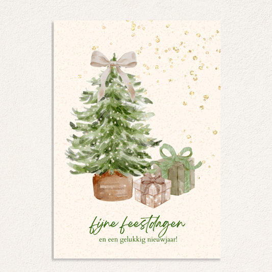 kerstkaart kerstboom met cadeautjes en sneeuw