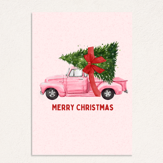 kerstkaart roze pick up met kerstboom