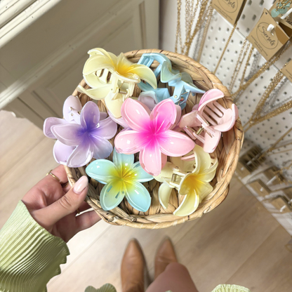Sfeerfoto kleurrijke bloemen haarclips in mandje