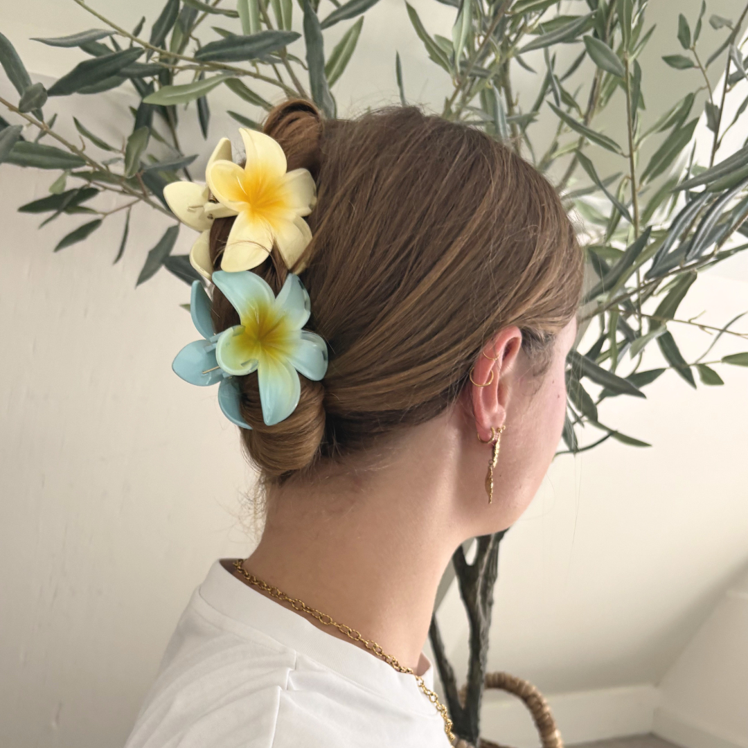 aanfoto twee bloemen haarclips flower geel en blauw