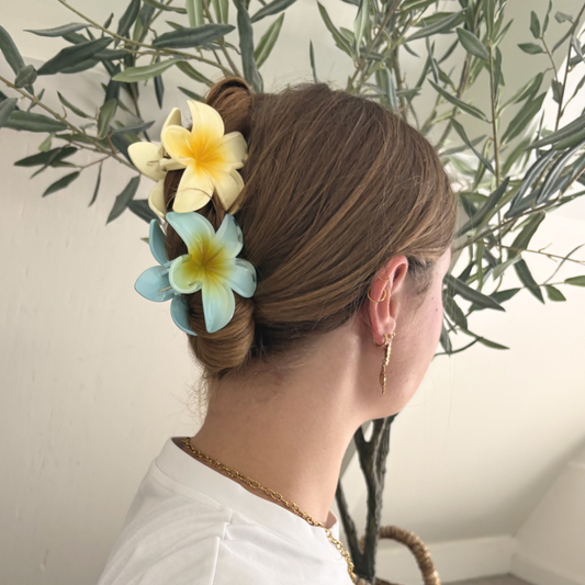 aanfoto twee bloemen haarclips flower geel en blauw