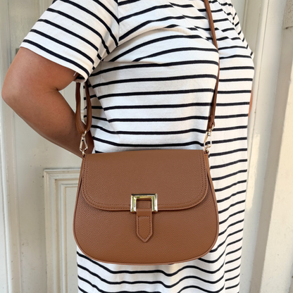 brown shoulder bag with gold buckle detail