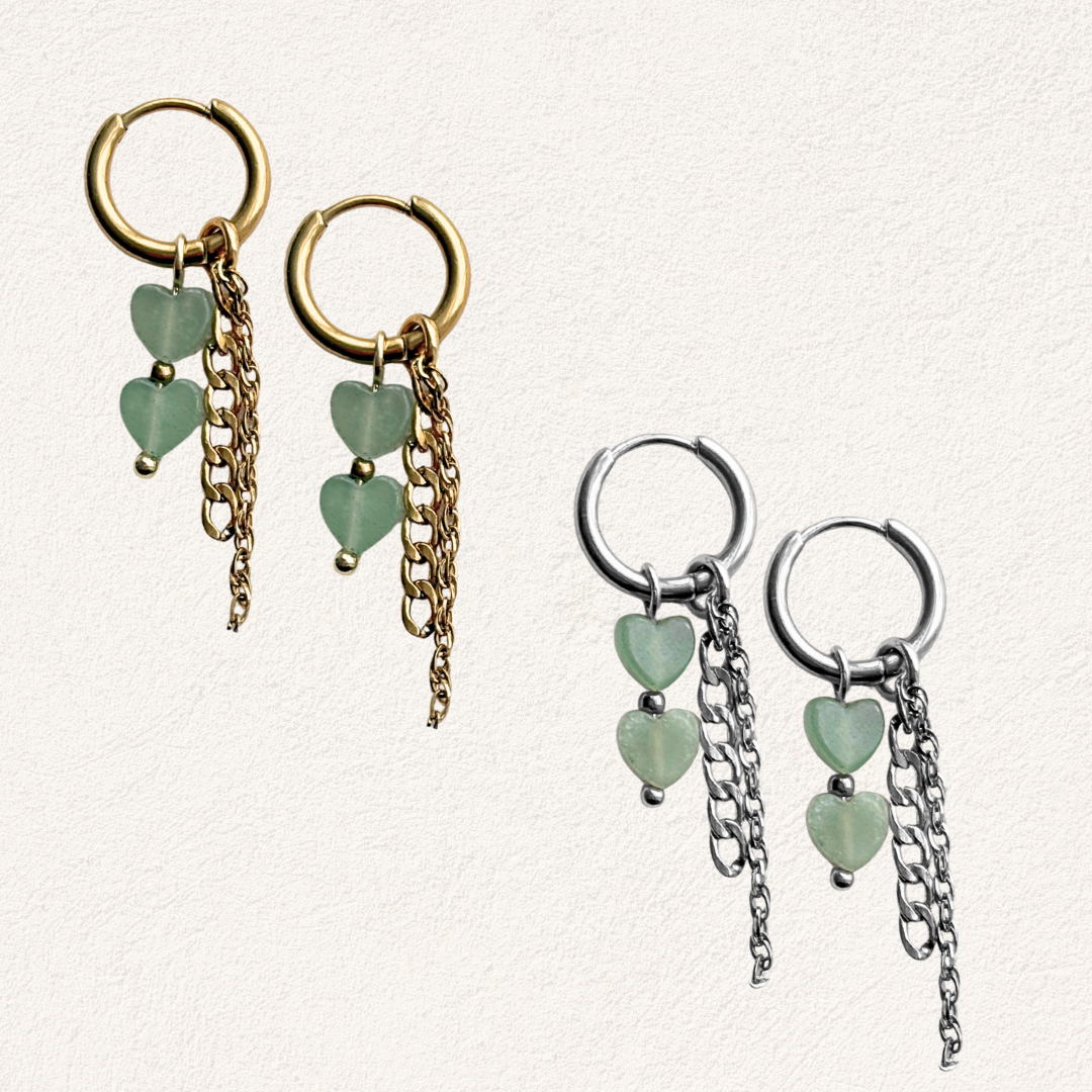 aventurijn ring hartjes oorbellen stainless steel natuursteen oorbellen