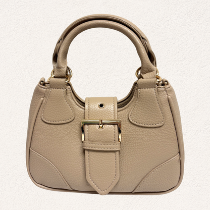 beige handbag with a gold buckle
