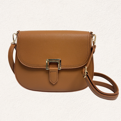 brown shoulder bag with gold buckle detail