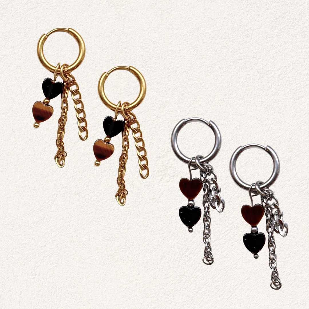 tijgeroog ring hartjes oorbellen stainless steel natuursteen oorbellen