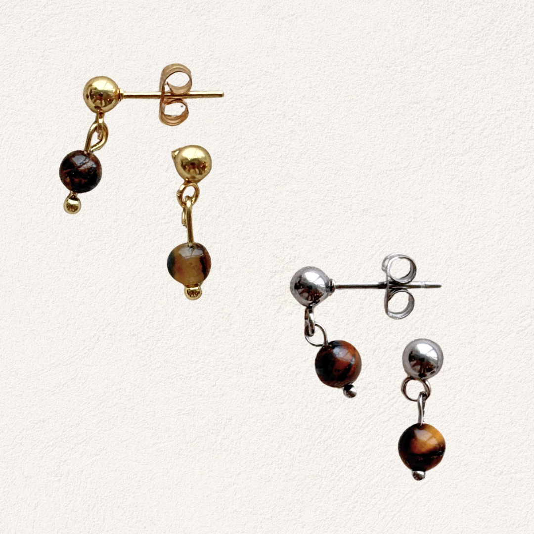 tijgeroog stud oorbellen stainless steel natuursteen oorbellen