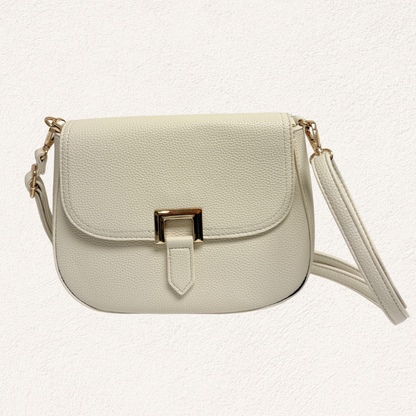 white shoulder bag with gold buckle detail
