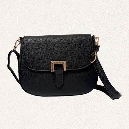 black shoulder bag with gold buckle detail