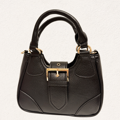 black handbag with a gold buckle
