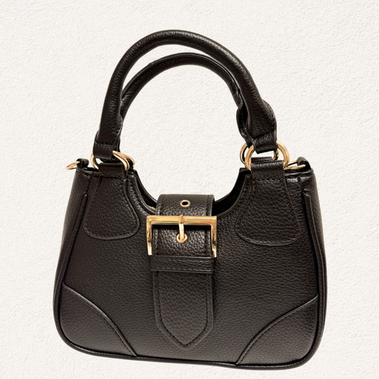black handbag with a gold buckle