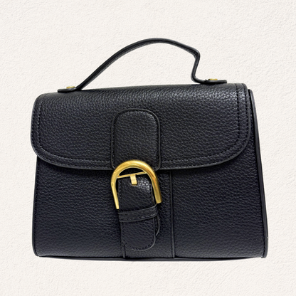 black handbag with gold clasp and shoulder strap